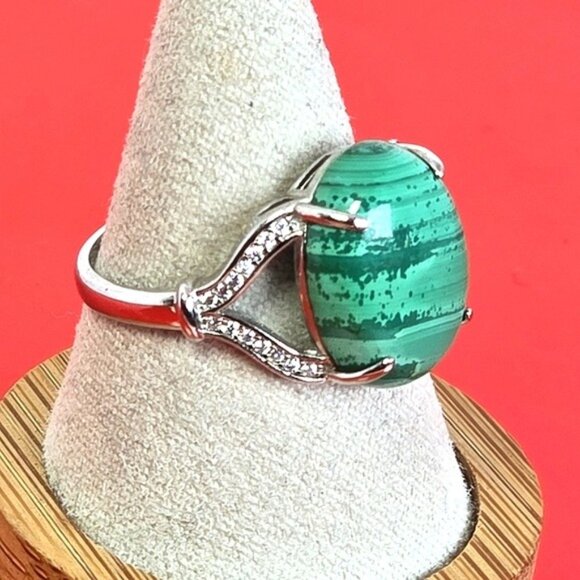 925 Sterling Silver Ring Sz 8.5 with Natural Malachite & CZ - Picture 5 of 13